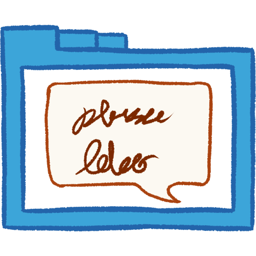 A hollow blue folder with thick lineart containing a white speech bubble with scribbles in it.